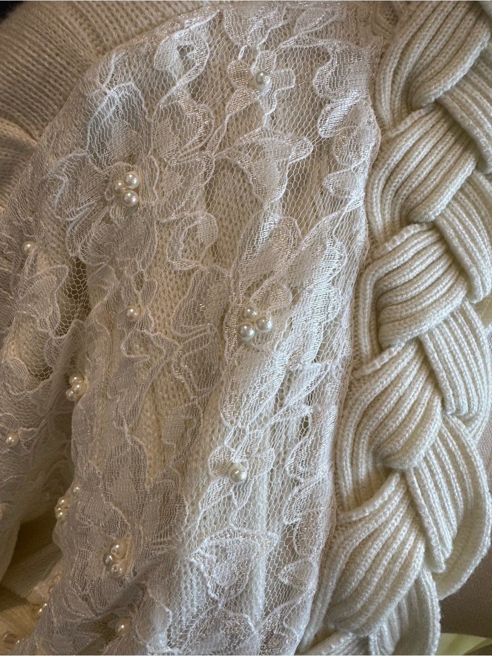 Roaman’s 1X Ivory Braided Shawl Collar Cardigan | Lace Beaded Open Front Sweater - Picture 4 of 8